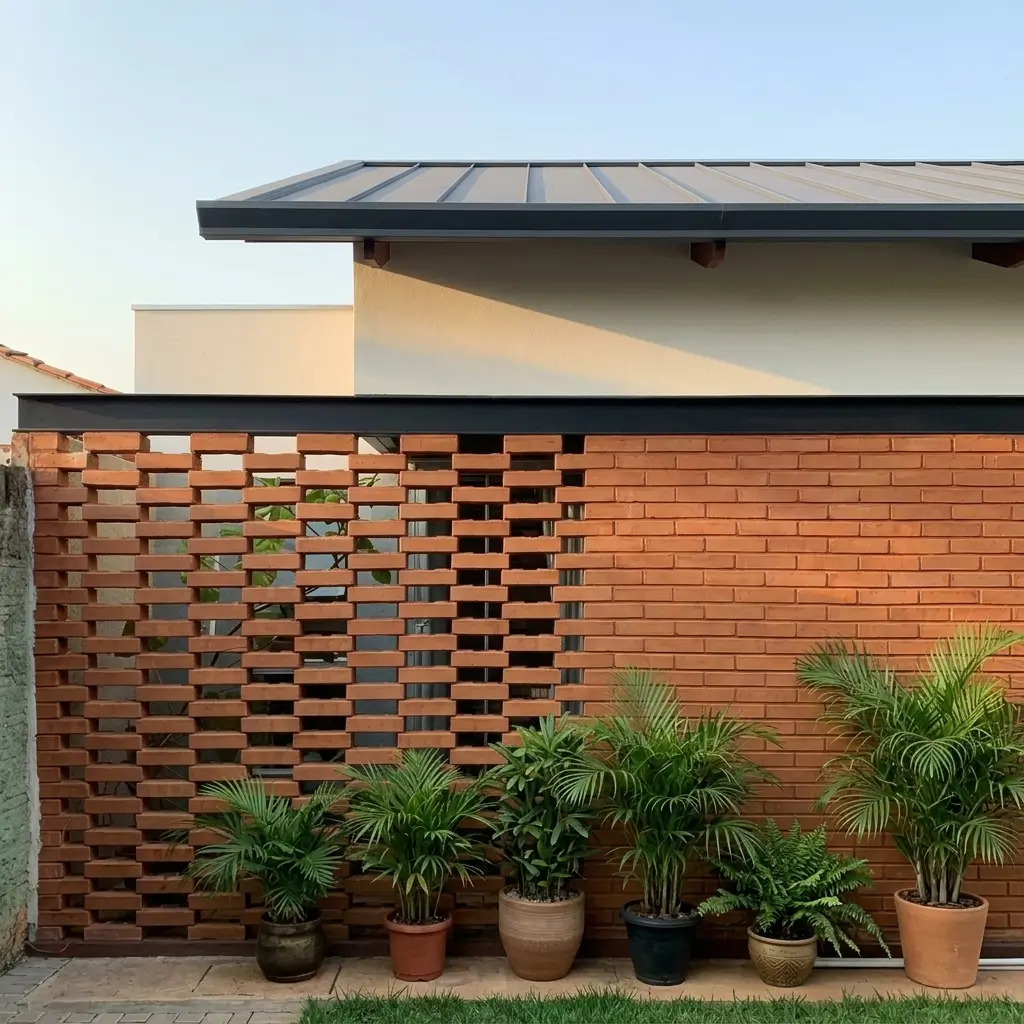 Muro com tijolos vazados e paisagismo
